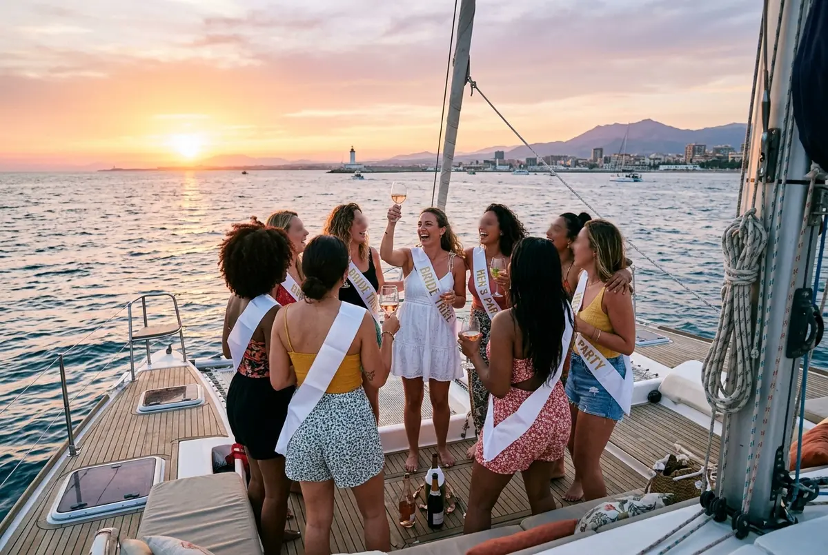 Group of women in matching sashes celebrating a hen party on the deck of a catamaran near Malaga at sunset, hen party boat malaga