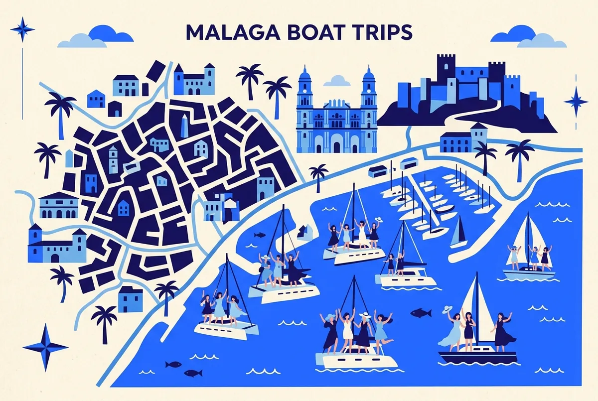 illustrated map of Malaga highlights for Bachelorette, Birthday and Hen Party Boat Trips in Malaga, hen party boat malaga