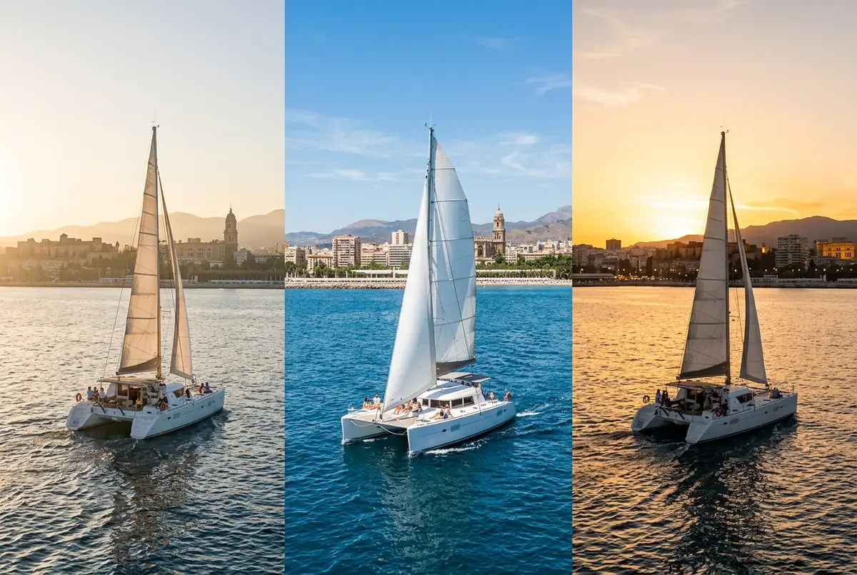 Three small catamarans sailing Malaga Bay side by side under morning, midday and sunset light to compare the best time for a catamaran tour in malaga