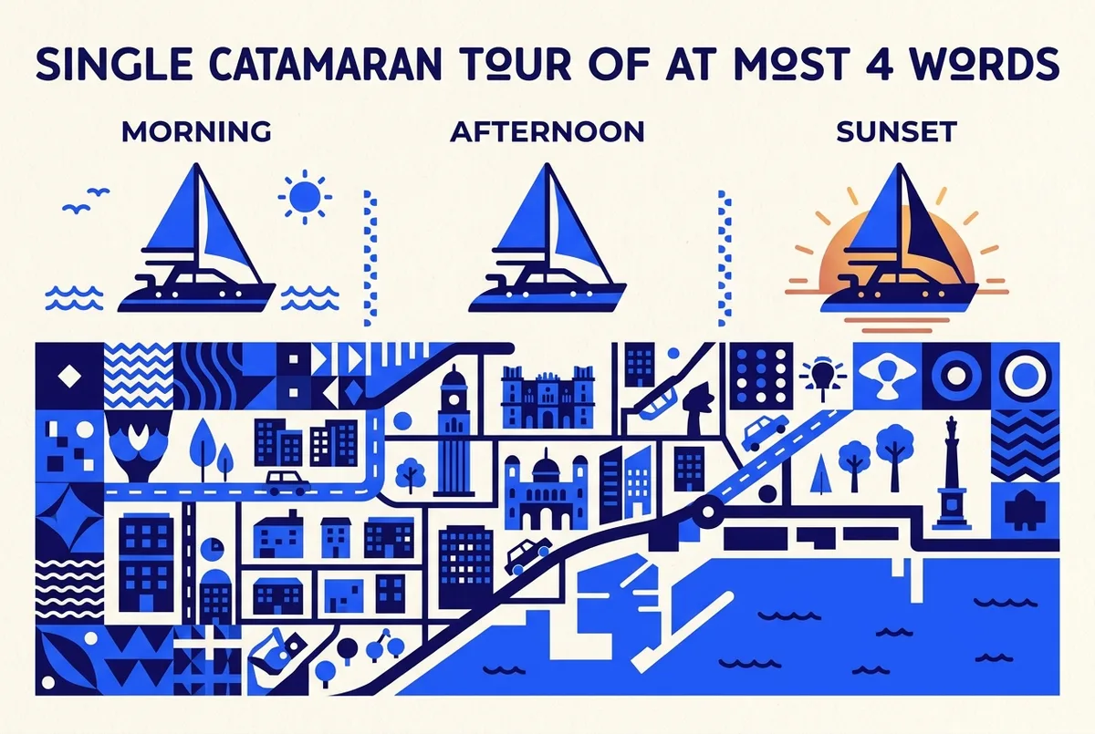 Flat infographic comparing three catamaran icons under labeled morning, afternoon and sunset headers, each paired with small wave and sun icons showing calmer seas for morning and warm light for sunset, best time for a catamaran tour in malaga