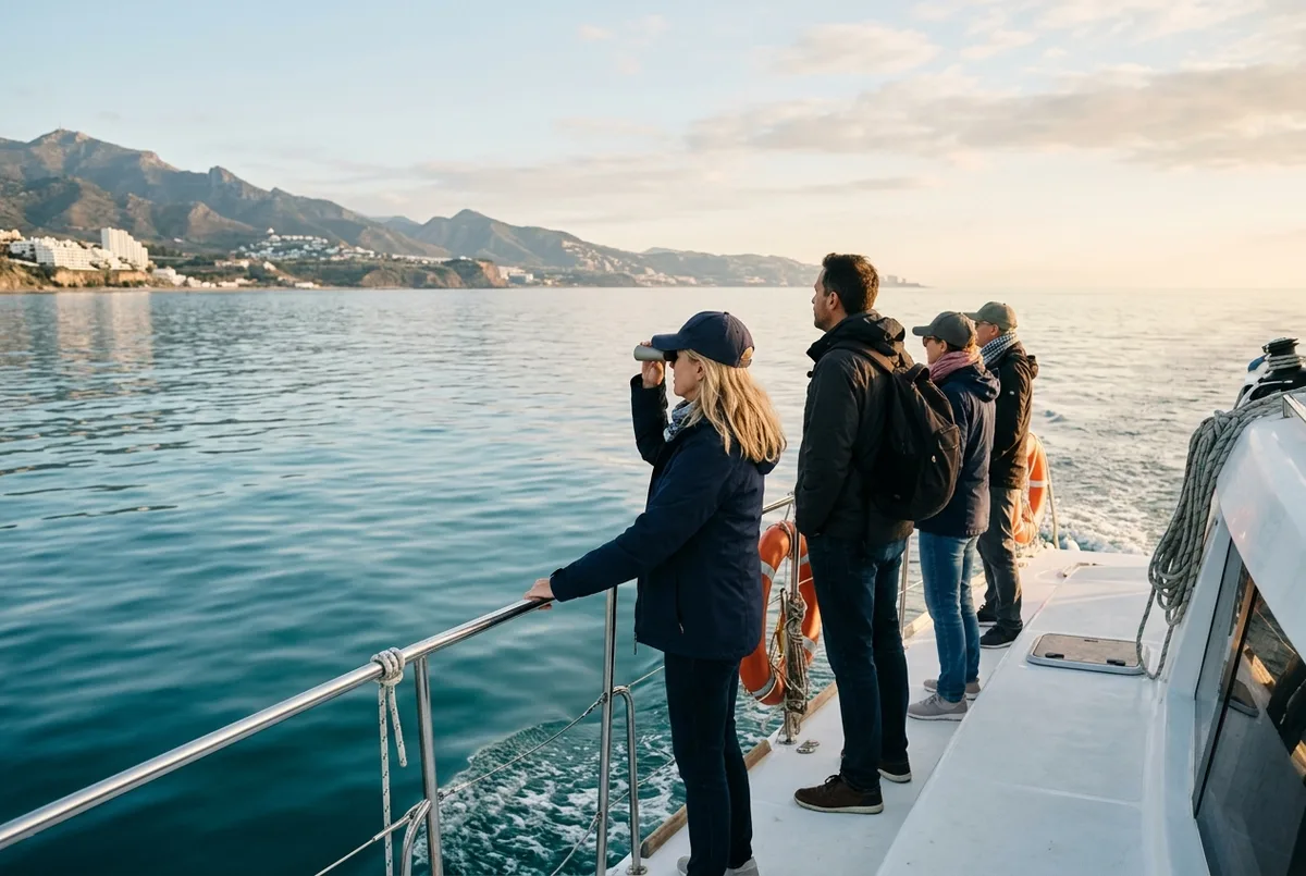Catamaran passengers scanning calm morning water off Benalmadena for dolphin fins under soft spring light, best time to see dolphins in malaga