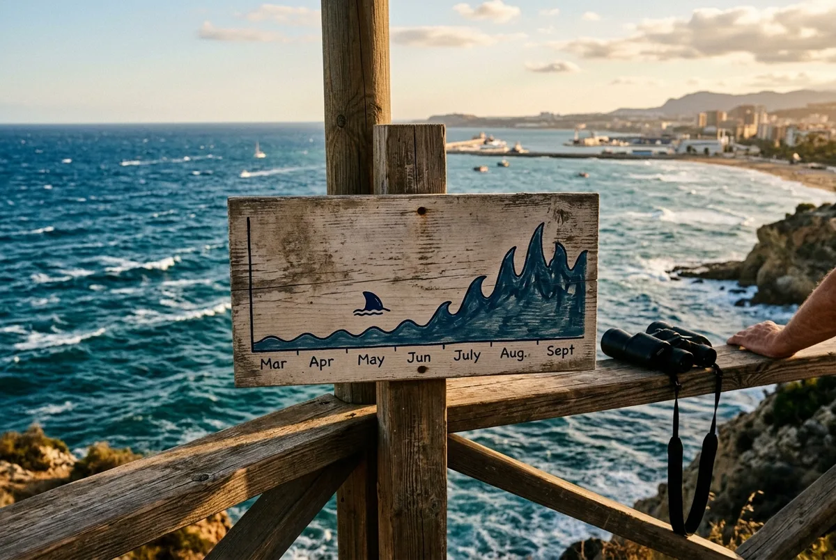 Simple line chart style illustration showing a calmer wave pattern in spring months rising into choppier waves by late summer, with a small dolphin fin icon marking spring and early summer as the steadier watching window, best time to see dolphins in malaga