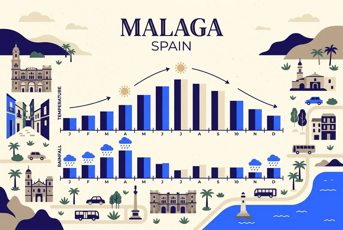 Simple monthly climate chart infographic for Malaga showing temperature and rainfall bars across twelve months, best time to visit malaga weather
