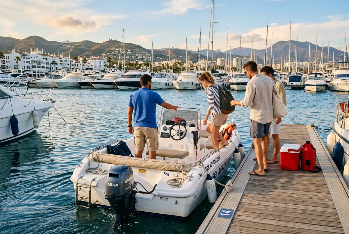 Eine Person steuert entspannt ein kleines, lizenzfreies Motorboot vor der Küste von Malaga, einfache Bedienelemente, sonniger Tag