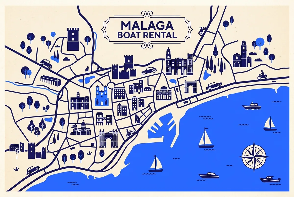 Vergleichsgrafik eines kleinen lizenzfreien Bootes neben einem größeren Boot mit Kapitän an Bord, Costa del Sol im Hintergrund, einfache Symbole ohne Zahlen