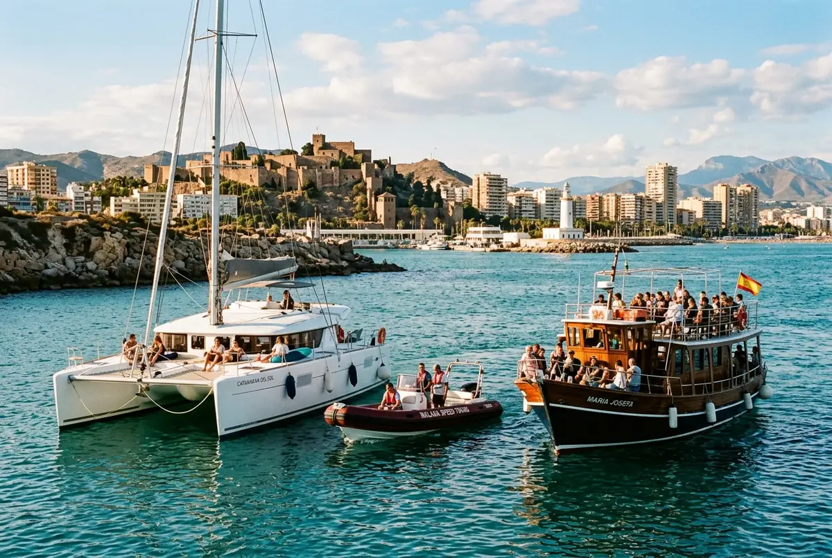 Three boats side by side off the Malaga coastline, a wide catamaran, a small speedboat and a classic sightseeing boat, to compare types of boat tours in malaga