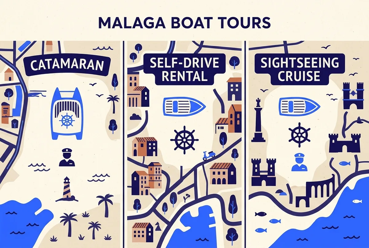 Simple side-by-side diagram labeled catamaran, self-drive rental and sightseeing cruise, each showing a deck-space icon and a steering-wheel or crew icon to compare types of boat tours in malaga