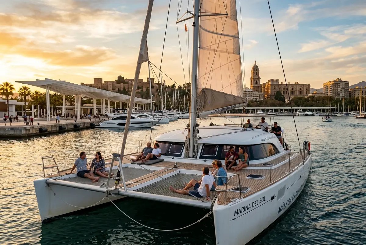 Catamarano che salpa dal porto di Muelle Uno a Malaga al tramonto con passeggeri rilassati sul ponte, catamarano malaga