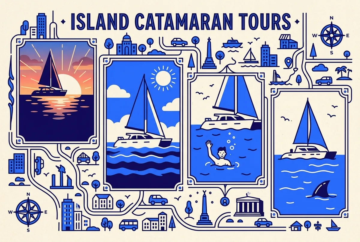 Flat infographic comparing four icons side by side: a sunset catamaran, a daytime catamaran, a catamaran with a swimmer in the water, and a catamaran with a dolphin fin nearby, each labeled with its price in euros
