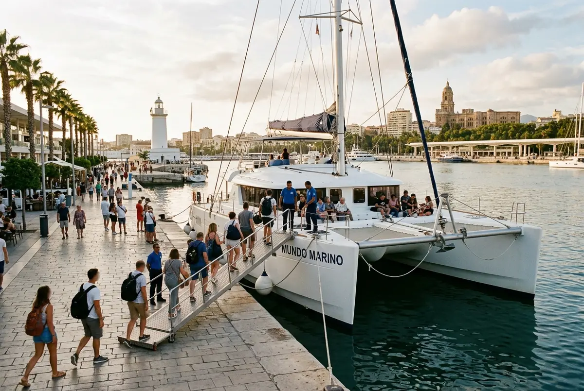 Catamaran blanc avec le nom Mundo Marino visible sur la coque amarré à Muelle Uno à Malaga avec des passagers qui embarquent, catamaran mundo marino malaga