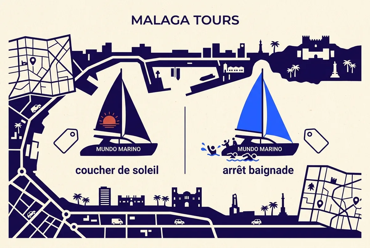 Infographie plate comparant deux icônes de catamaran Mundo Marino, l'un étiqueté coucher de soleil et l'autre arrêt baignade, chacun avec une étiquette de prix générique, posés devant une silhouette simplifiée du port de Malaga