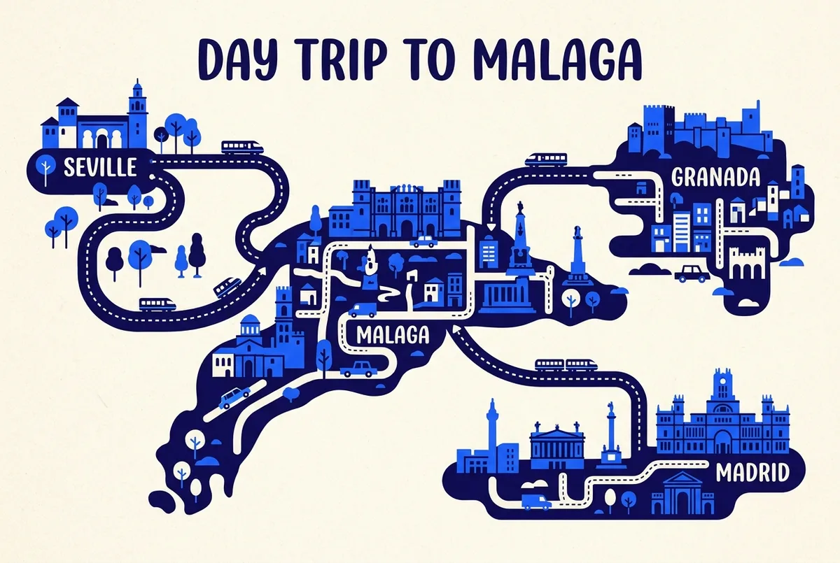 Simple map-style infographic showing three travel routes converging on Malaga from Seville, Granada and Madrid with approximate train travel times labeled for each, day trip to malaga
