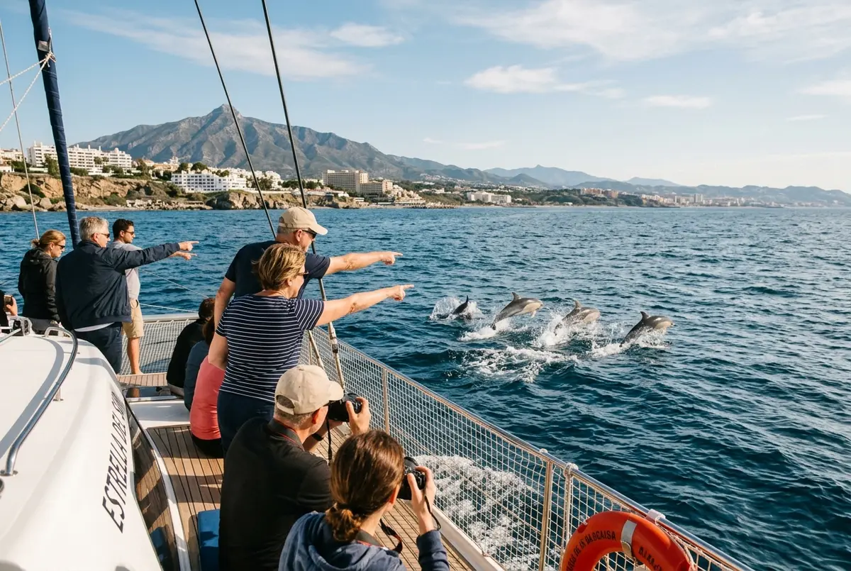 Delfini selvatici che saltano accanto a un catamarano al largo della Costa del Sol vicino Malaga durante un giro in barca per avvistamento delfini
