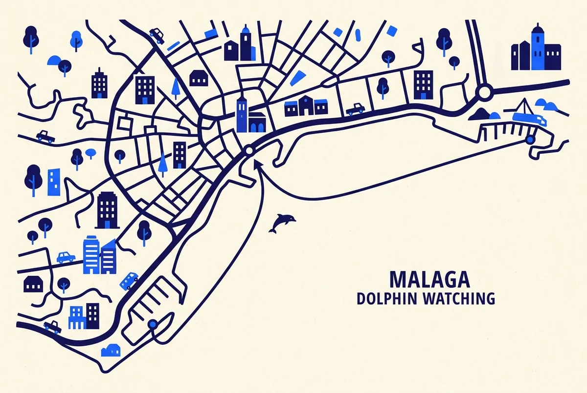 Simple map-style illustration showing a route line from central Malaga along the coast to Benalmadena marina with a small dolphin icon marking the open water dolphin watching area, malaga dolphin watching