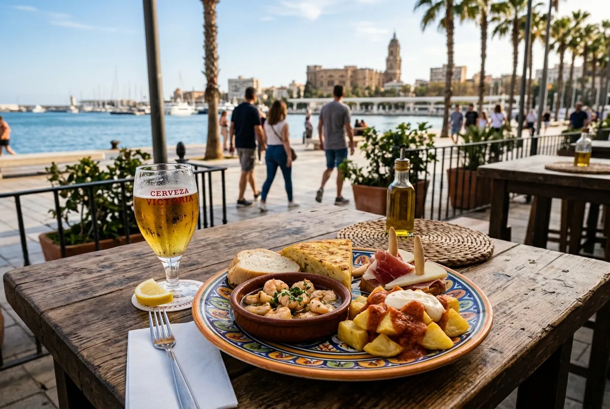 Plate of Spanish tapas and a cold drink on an outdoor table along Malaga's harbor promenade near the marina, where to eat near malaga port