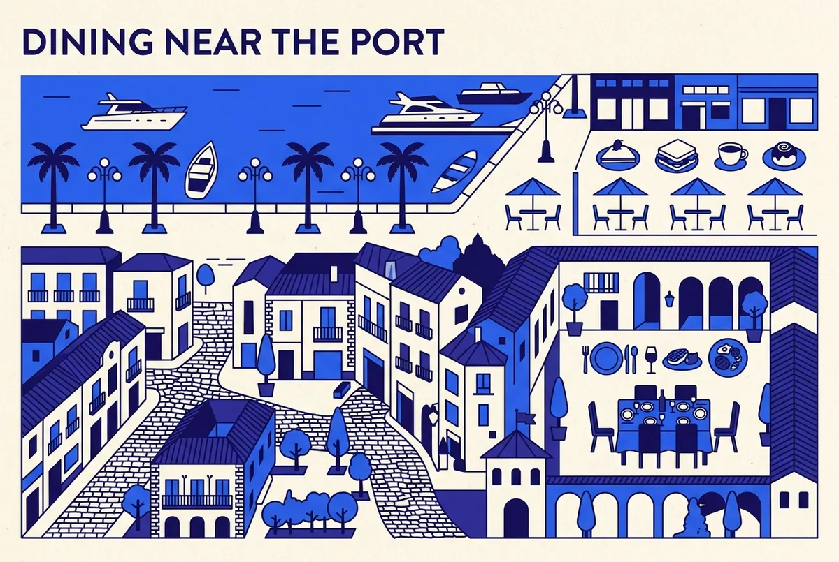 Overhead-style flat illustration comparing a quick cafe bite on a marina promenade with a sit-down restaurant table in a historic old town street, generic food icons only, where to eat near malaga port