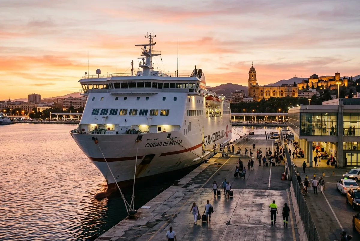 Ferry de passageiros de grande porte atracado no terminal marítimo do porto de Málaga ao entardecer, ferry malaga