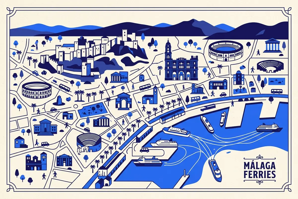 Mapa simples marcando dois pontos no Mar de Alborão, um junto ao porto de Málaga e outro junto a Melilla, com uma linha de rota entre os dois, ferry malaga