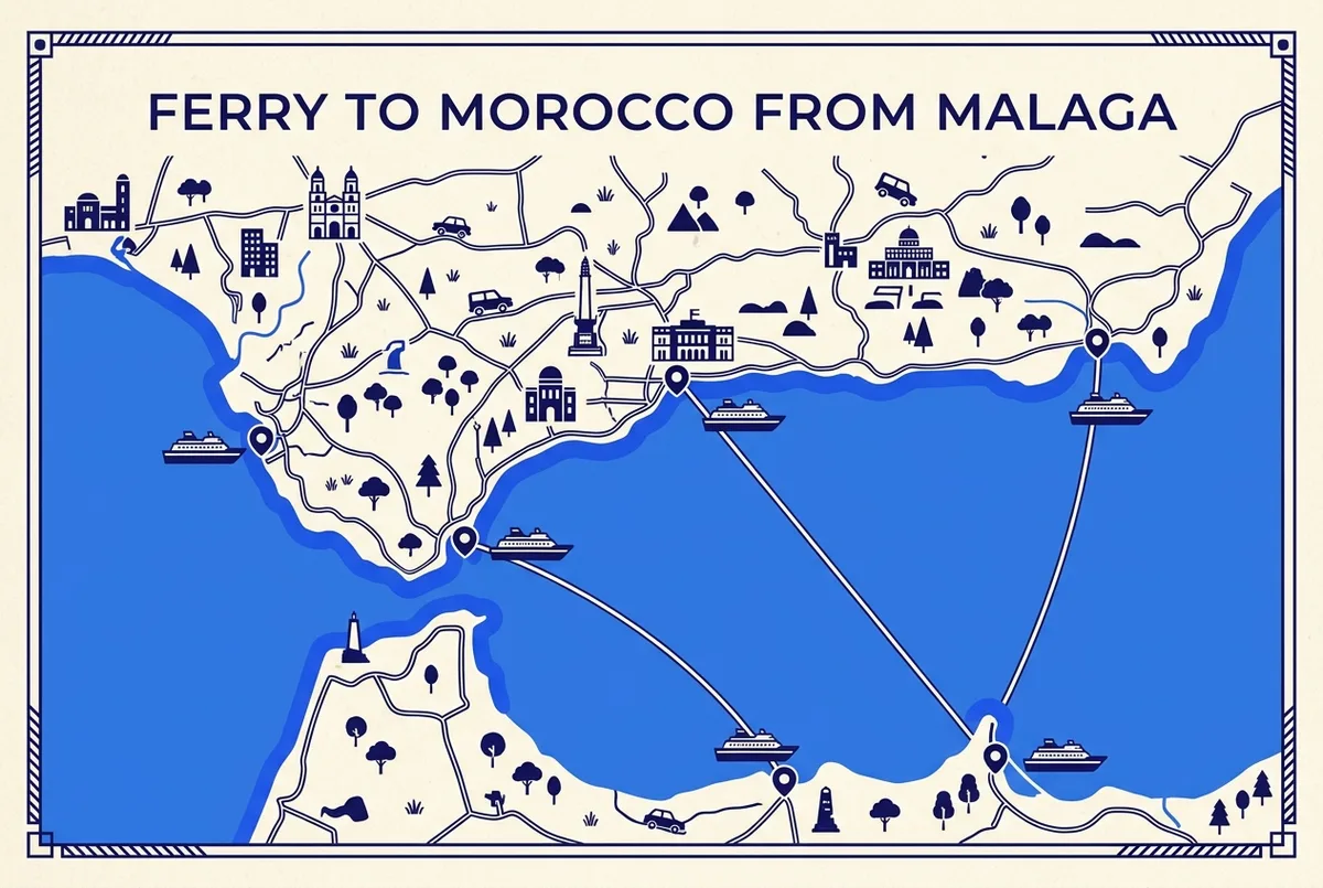 Mapa simples do Estreito de Gibraltar marcando Málaga, Algeciras, Tarifa, Tânger, Ceuta e Nador com linhas de rota entre os portos espanhóis e marroquinos, malaga tanger ferry