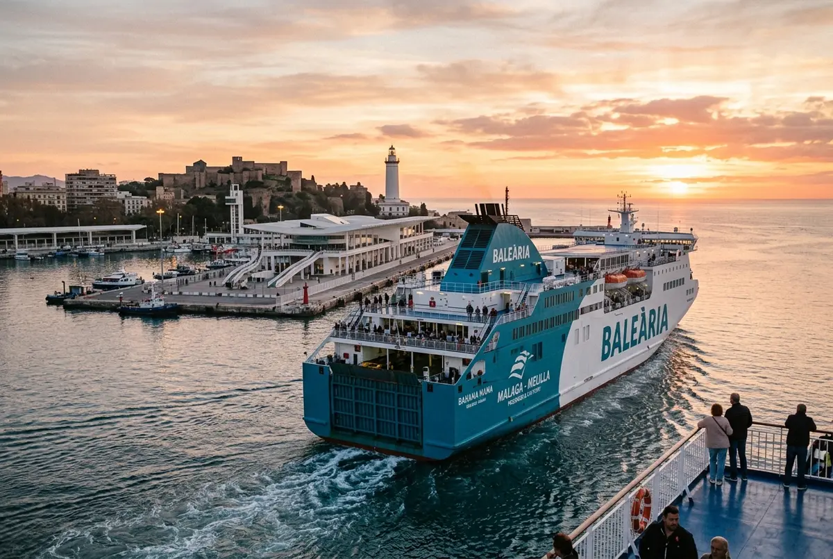 Ferry de passageiros da Baleària a zarpar do terminal marítimo de Málaga rumo a Melilla ao nascer do dia, barco malaga melilla