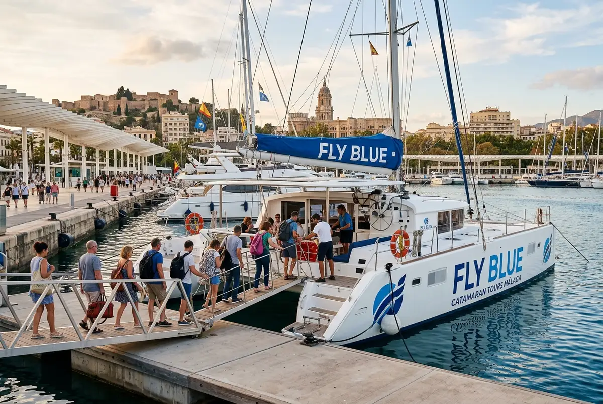 Fly Blue branded catamaran docked at Muelle Uno marina in Malaga with passengers boarding, fly blue catamaran malaga