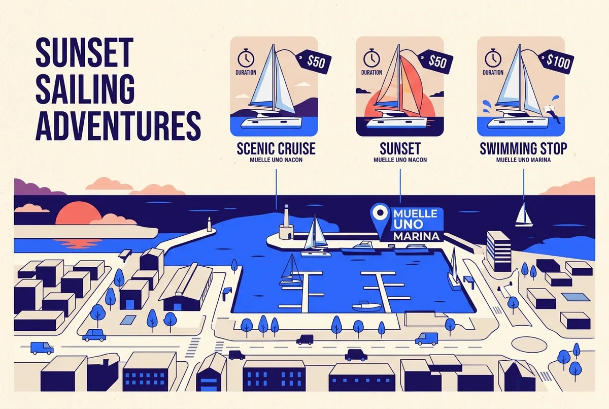 Flat infographic comparing three labeled catamaran icons side by side, scenic, sunset and swimming stop, each with its own price tag and duration marker, docked at a Muelle Uno marina icon