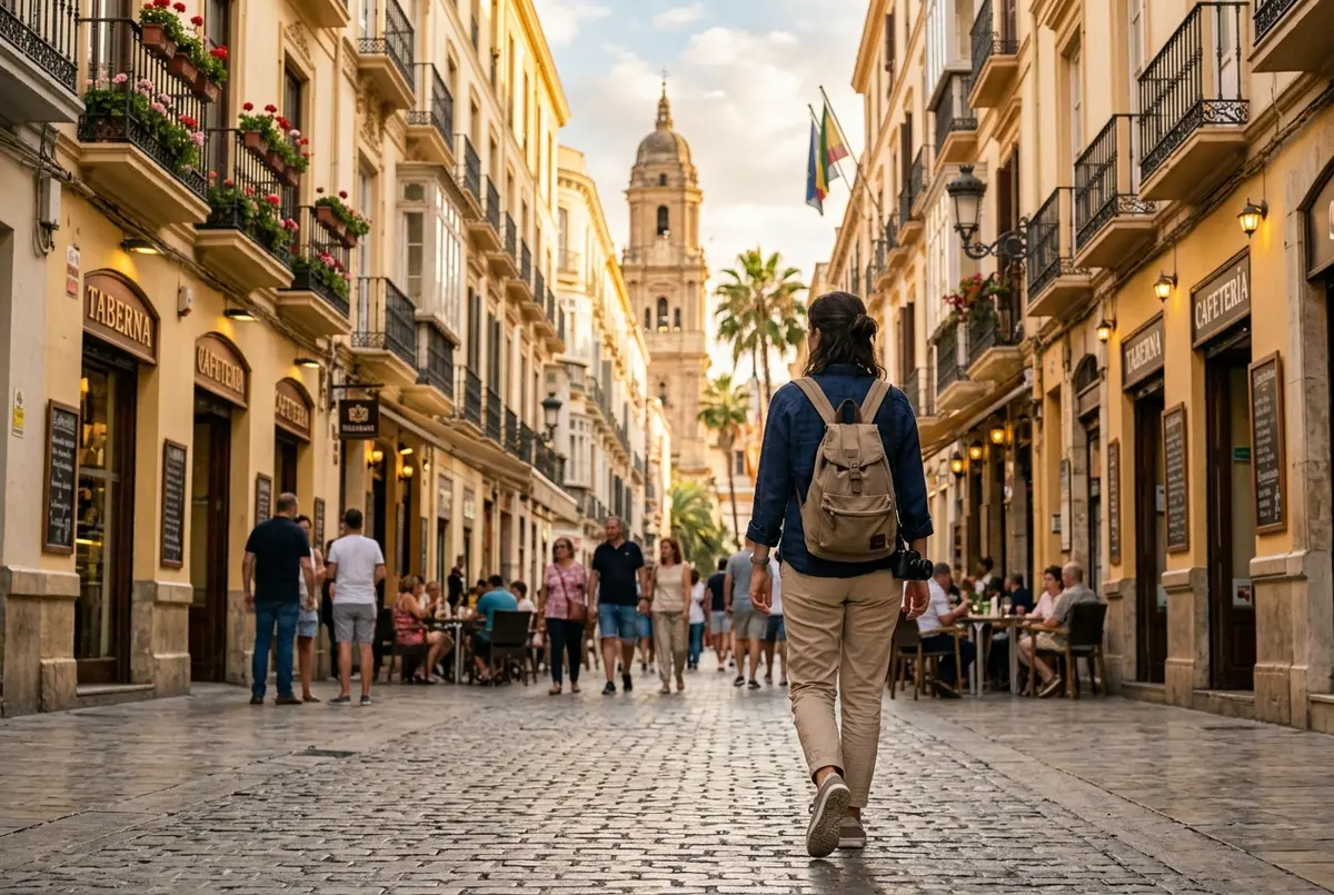 Voyageur marchant le long de la promenade du port de Malaga vers Muelle Uno avec un sac en toile avant une excursion en bateau, comment aller au port de malaga