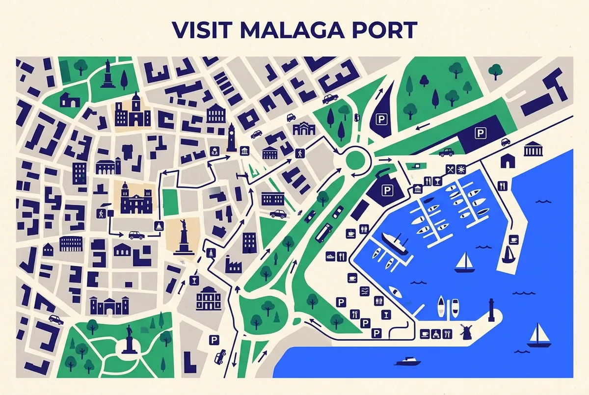Simple map-style infographic showing the walking route from Malaga's old town to Muelle Uno marina alongside nearby parking areas, generic icons and labels only, how to get to malaga port