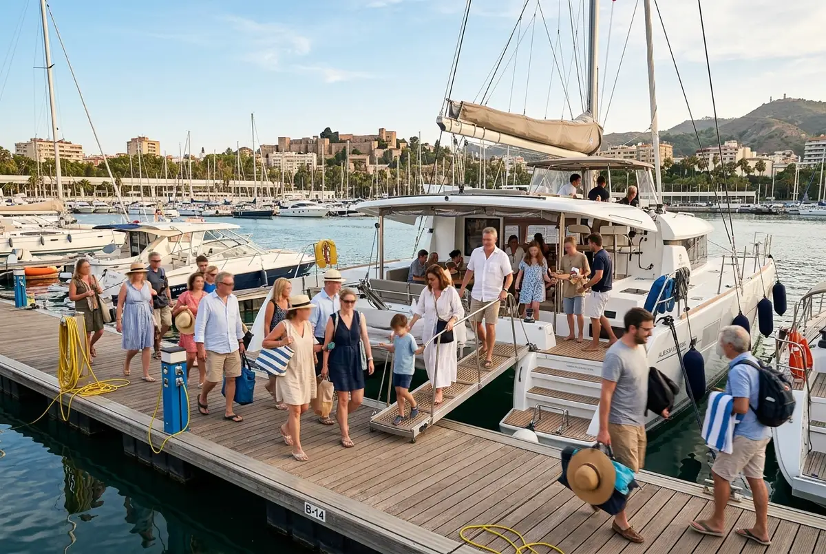 Grupo de ocho amigos subiendo a un barco de alquiler privado en una base náutica de la Costa del Sol cerca de Benalmádena, alquiler barco grupos malaga