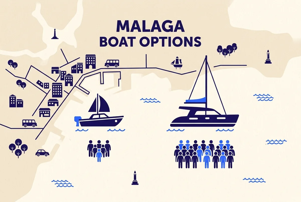 Infografía simple con un icono de barco y el número 8 dentro, junto a un segundo icono de barco más grande marcado con un signo de interrogación para grupos más grandes, sobre fondo de la Costa del Sol, alquiler barco grupos malaga