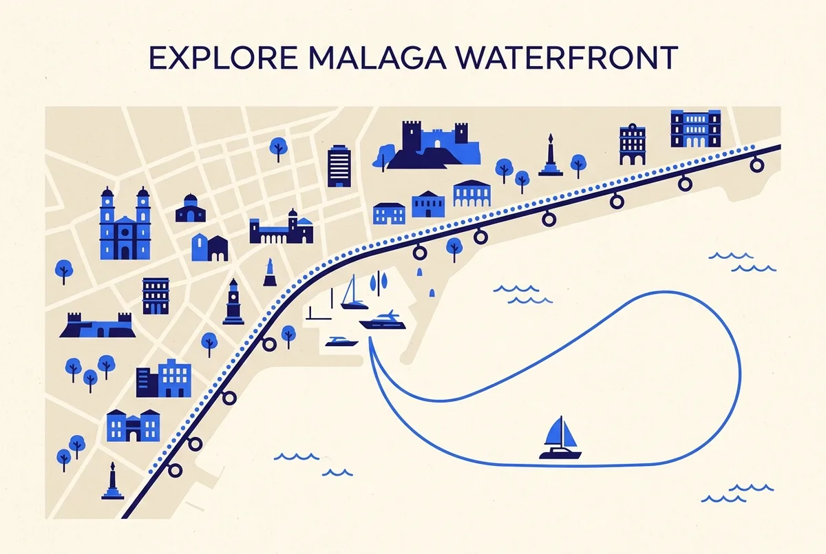 Simple map illustration of Malaga's waterfront showing a dotted land bus route with multiple numbered stops alongside a single solid catamaran route line out to open water and back, no extra stops marked on the water route
