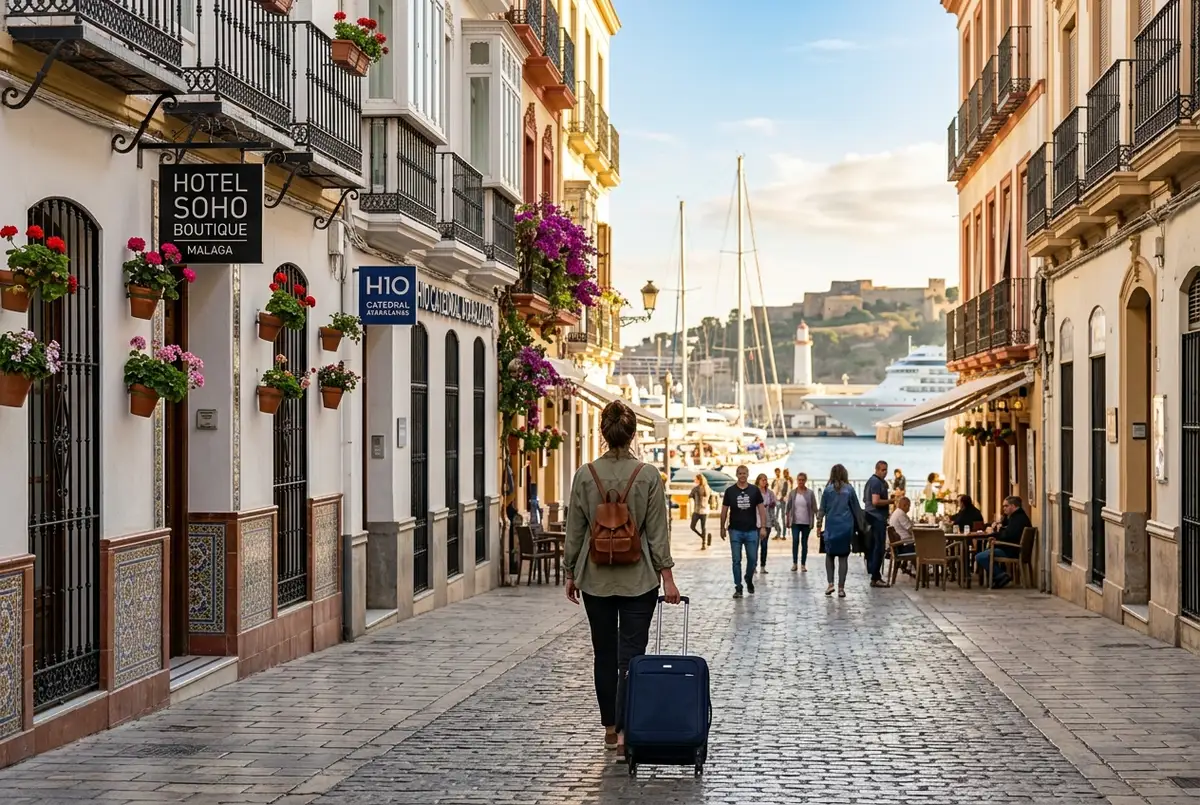 Traveler wheeling a suitcase past boutique hotels on a sunlit Malaga street near the harbor, hotels near malaga port
