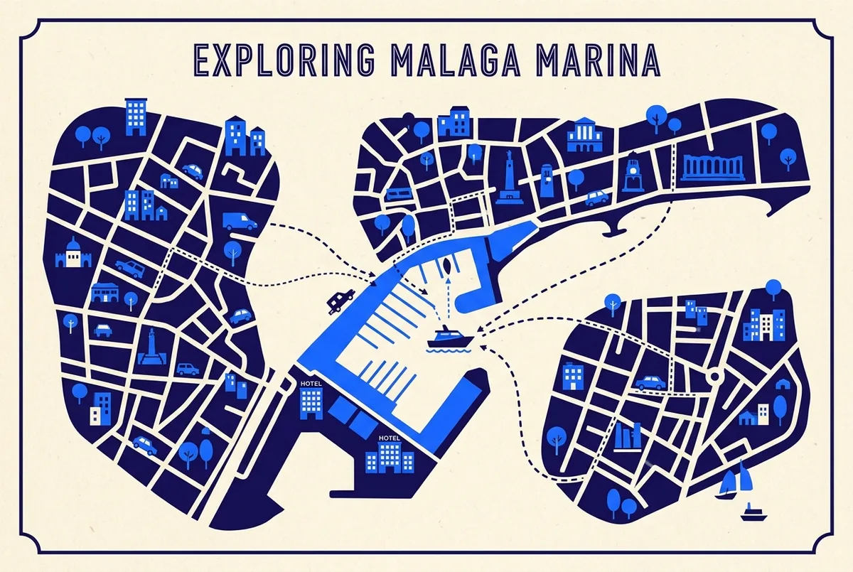 Simple illustrated map showing three neighborhoods near Malaga's marina, the historic center, La Malagueta and the Soho district, with walking lines to the boat departure point, generic labels only, hotels near malaga port