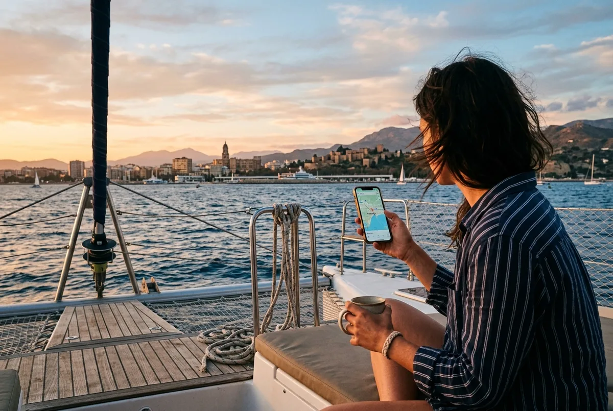 Voyageur sur le pont d'un catamaran comparant mentalement le prix et la vue sur la côte de Malaga au coucher du soleil, bateau malaga vaut le coup