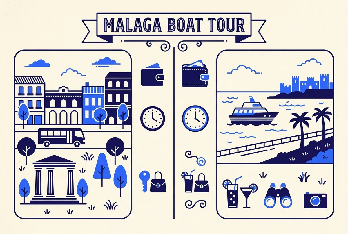 Infographie simple comparant prix, durée et inclusions côte à côte pour chaque excursion en bateau à Malaga, bateau malaga vaut le coup