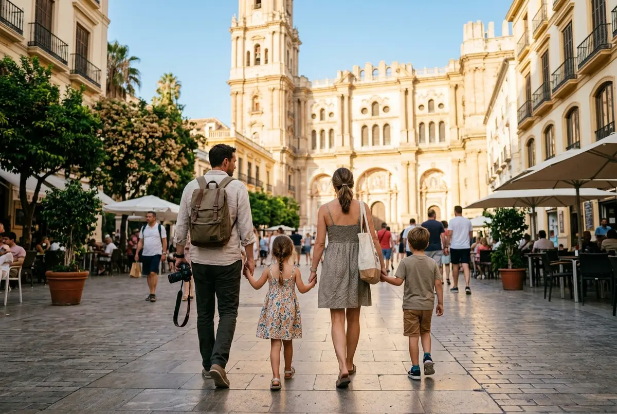 Parents and young children walking through a sunny, pedestrianized plaza in Malaga's old town past a fountain, is malaga safe
