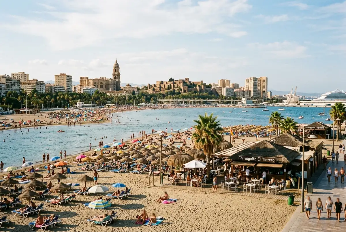 Sunbathers and chiringuito beach bars along La Malagueta beach in Malaga with the city skyline behind them, malaga beaches