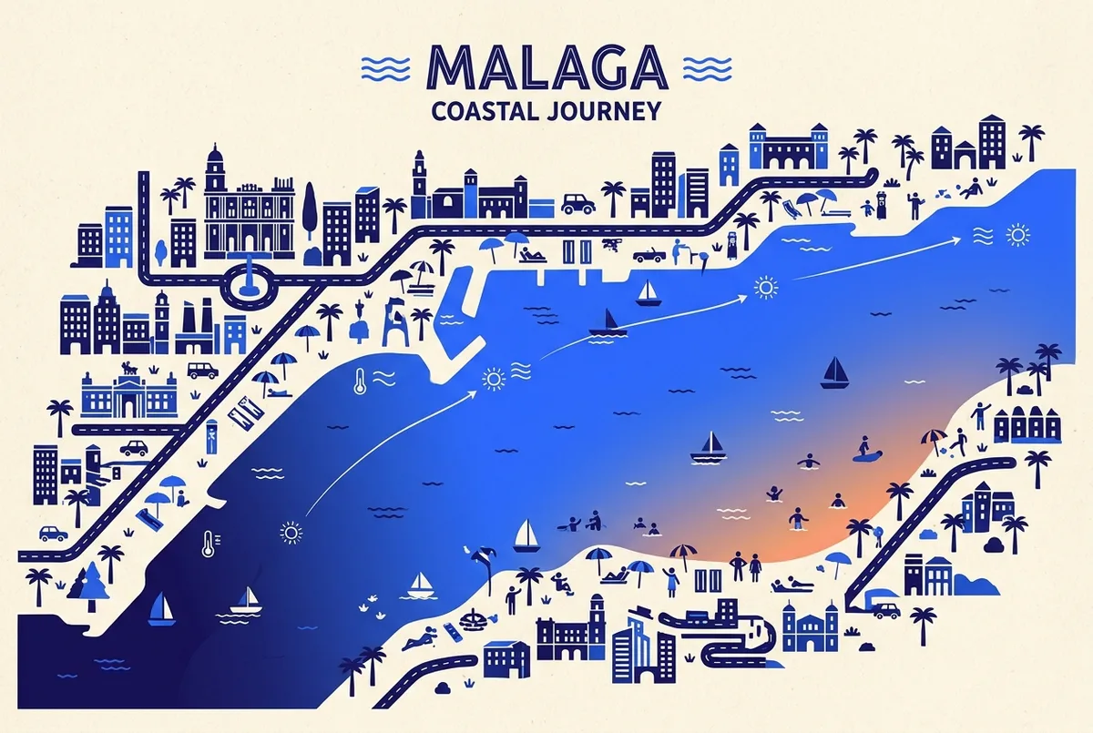Simple infographic showing average Malaga sea temperature by month from a cool winter low to a warm summer peak, malaga beaches