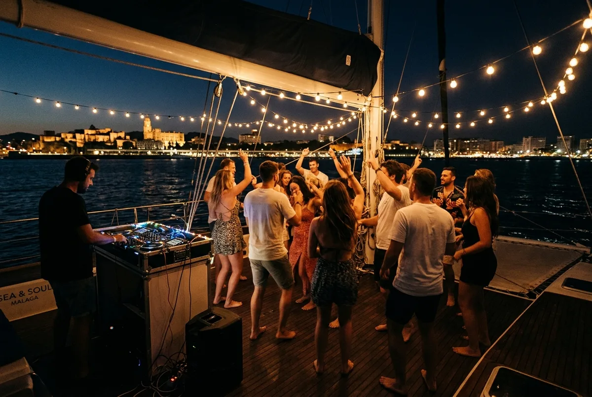 Group of friends dancing on the deck of a catamaran at night off Malaga with string lights and a DJ booth, malaga boat party