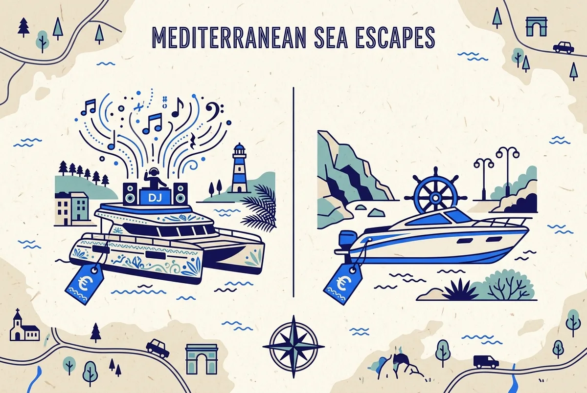 Side-by-side comparison icons showing a shared catamaran with music notes labeled DJ cruise next to a smaller boat with a steering wheel icon labeled private rental, each with a euro price tag