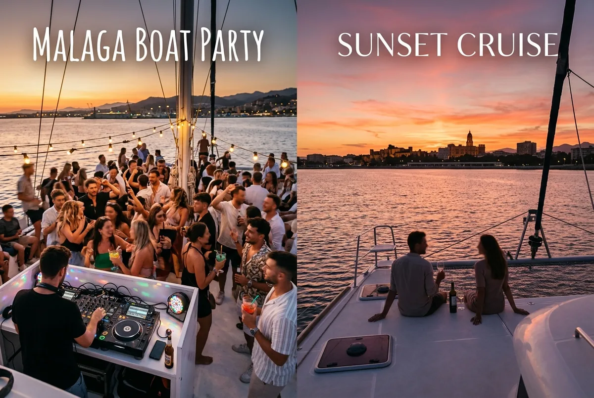 Split-scene image of a lively catamaran party with a DJ booth on one side and a quiet couple watching the sunset on a calm catamaran on the other, malaga boat party vs sunset cruise
