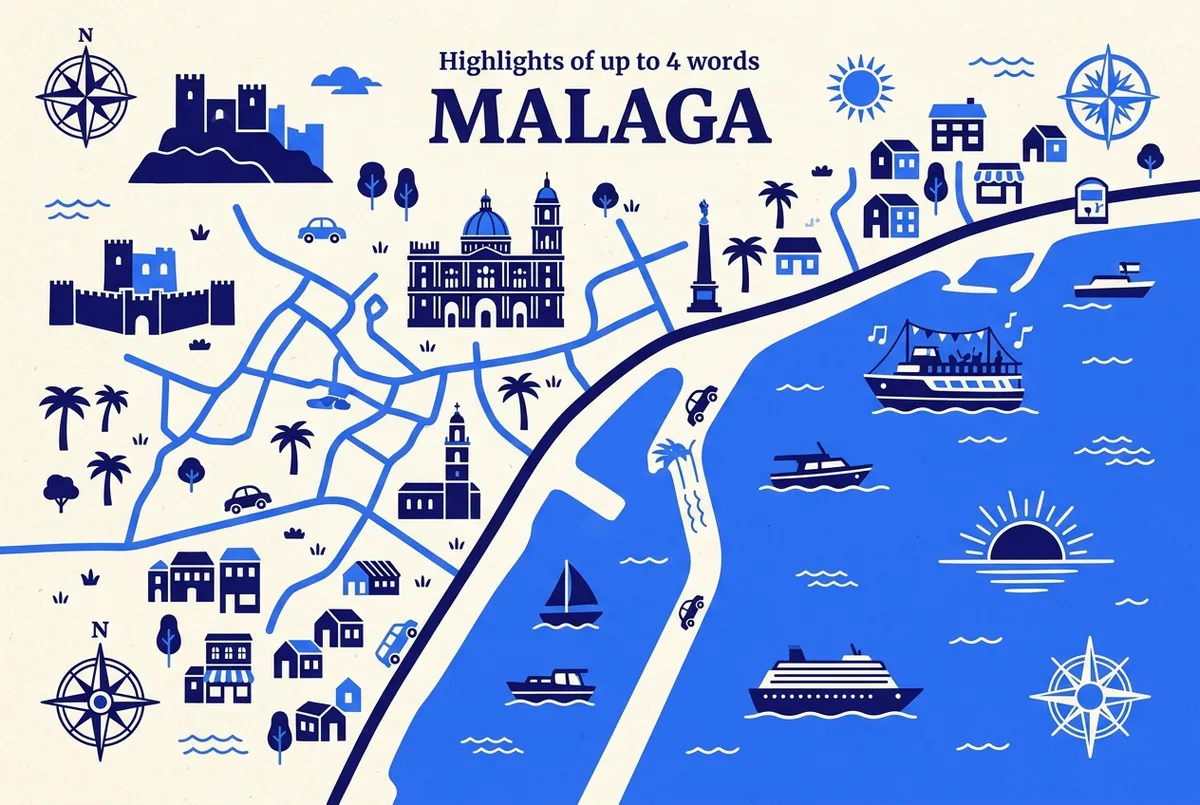 illustrated map of Malaga highlights for Boat Party or Sunset Cruise in Malaga: Which Fits Your Group, malaga boat party vs sunset cruise