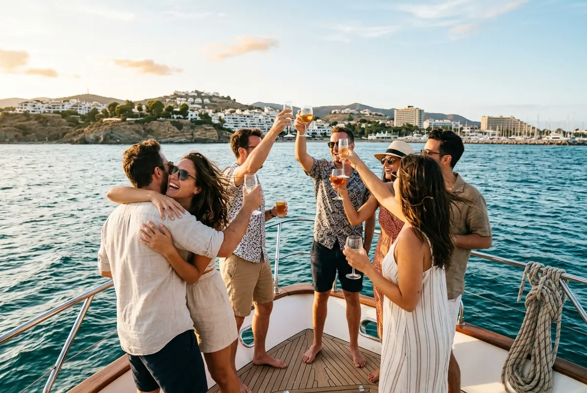 Grupo de amigos celebrando a bordo de un barco privado de alquiler frente a la costa de Benalmádena, sin otros pasajeros a la vista, barco privado para fiesta malaga