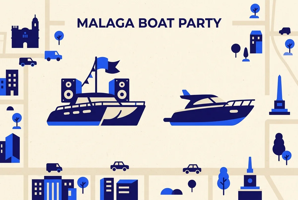Comparativa visual simple con dos iconos de barco uno junto al otro: un catamarán con altavoces y bandera de fiesta frente a un barco más pequeño y privado sin otros pasajeros, barco privado para fiesta malaga