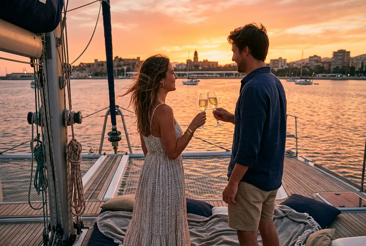Koppel dat samen aan dek van een catamaran bij zonsondergang over de baai van Malaga vaart met een glas cava, romantische boottocht malaga