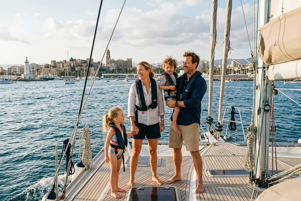 Parents et deux jeunes enfants souriants sur le pont d'un catamaran stable quittant le port de Malaga en pleine journée, bateau malaga en famille
