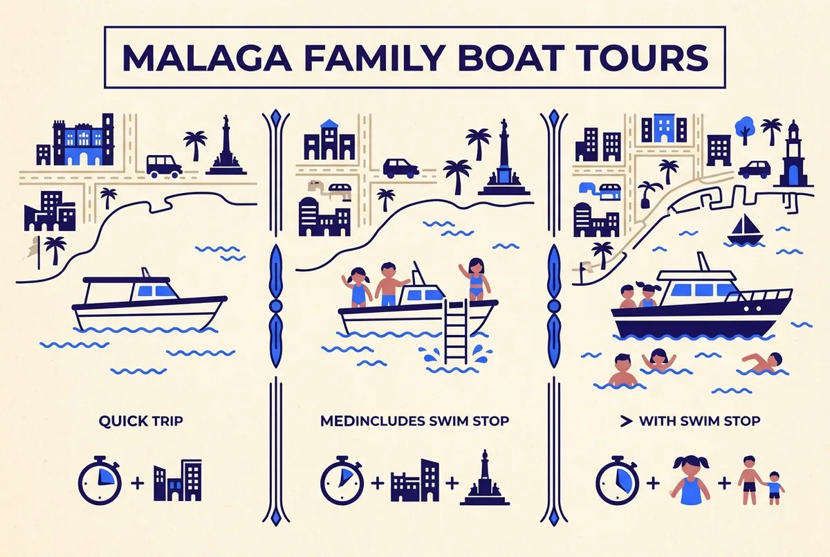 Infographie plate comparant trois excursions en bateau à Malaga par durée, arrêt baignade et âge minimum adapté aux familles, bateau malaga en famille