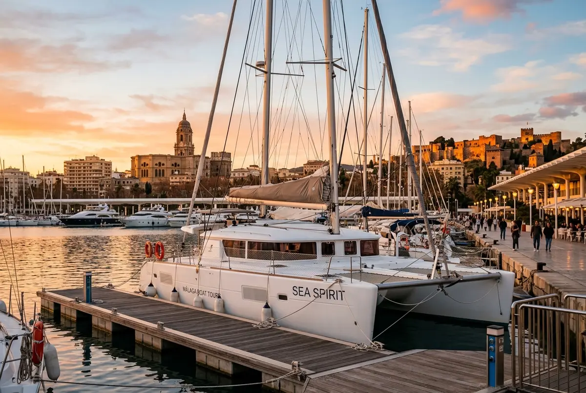 Reisende geht über die Promenade von Muelle Uno im Hafen von Malaga zu einer wartenden Bootstour, klarer Vormittag