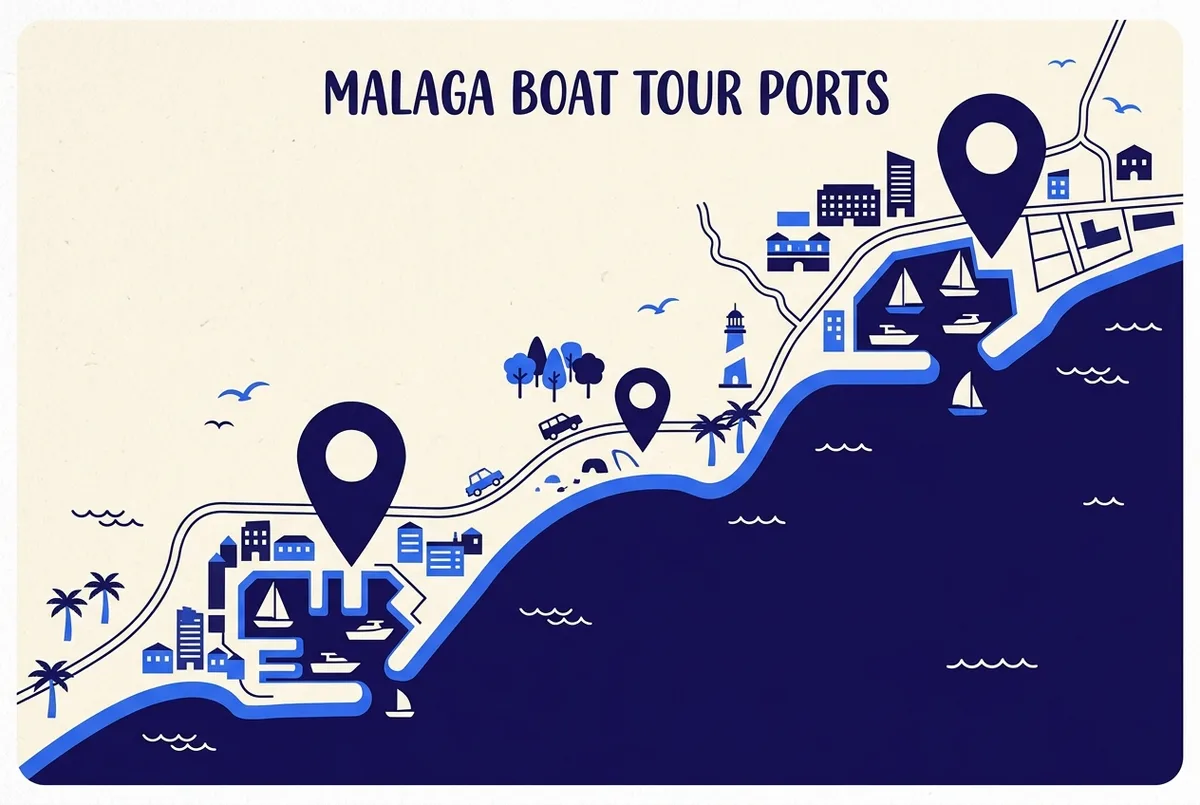 Map-style infographic showing Malaga's two main boat tour departure points, Muelle Uno in the city center and Puerto Marina Benalmadena along the coast, with a third pin for the private rental base, generic pins and labels only, malaga boat tour port map