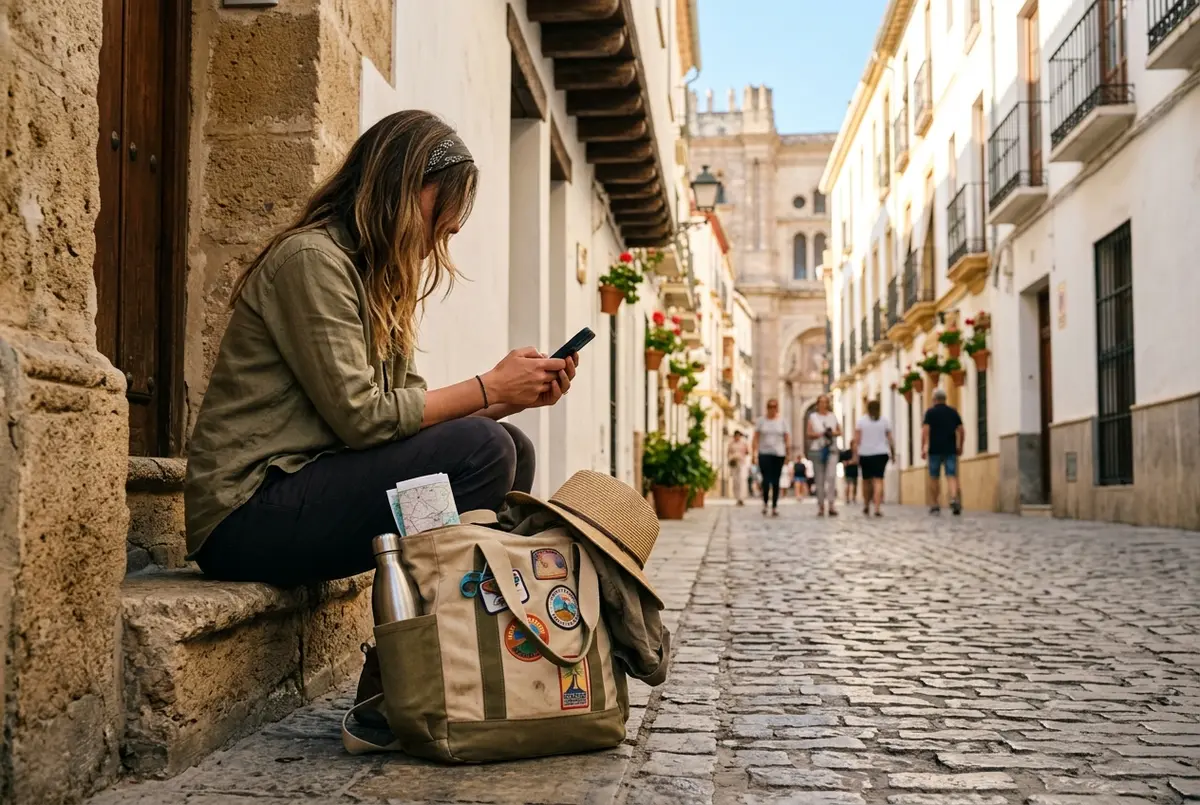 Traveler checking a phone beside a packed tote bag on Malaga's harbor promenade before boarding a boat tour, malaga boat tour tips